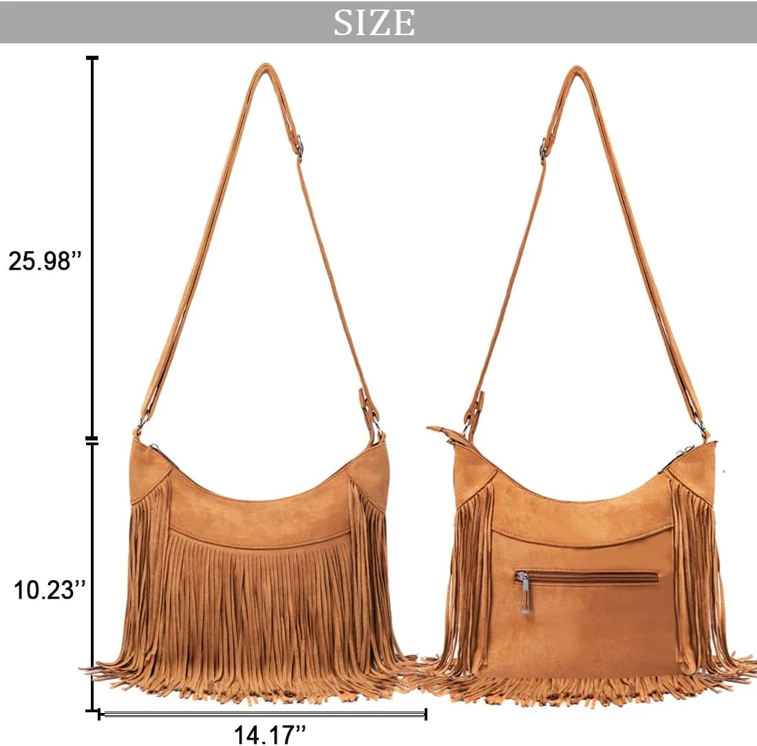 Women Fringe Hobo Bag Western Purse Shoulder Bag Vegan Suede Tassel Hippie Crossbody Bag (Brown Strap)