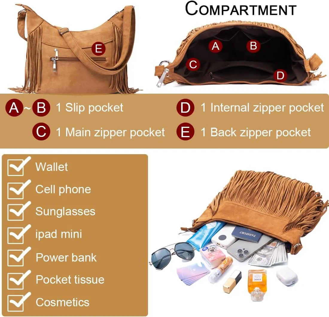 Women Fringe Hobo Bag Western Purse Shoulder Bag Vegan Suede Tassel Hippie Crossbody Bag (Brown Strap)