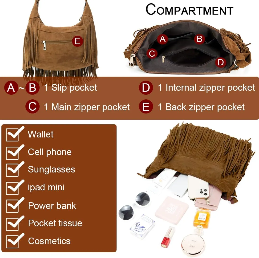 Women Fringe Hobo Bag Western Purse Shoulder Bag Vegan Suede Tassel Hippie Crossbody Bag (Brown Strap)