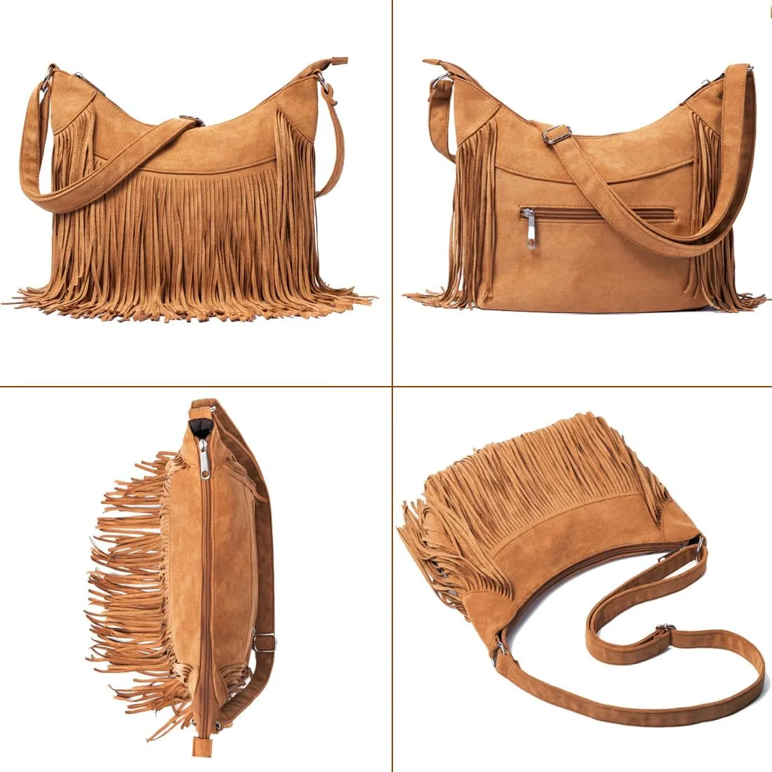 Women Fringe Hobo Bag Western Purse Shoulder Bag Vegan Suede Tassel Hippie Crossbody Bag (Brown Strap)