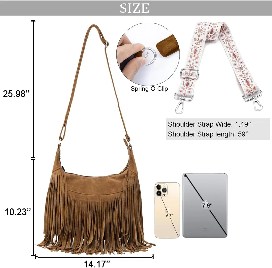 Women Fringe Hobo Bag Western Purse Shoulder Bag Vegan Suede Tassel Hippie Crossbody Bag (Brown Strap)