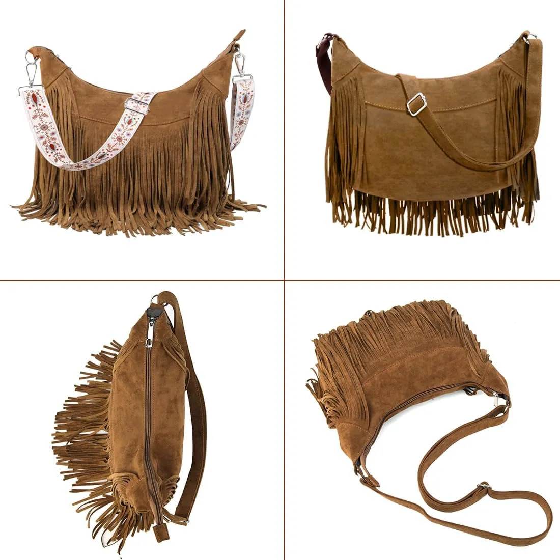 Women Fringe Hobo Bag Western Purse Shoulder Bag Vegan Suede Tassel Hippie Crossbody Bag (Brown Strap)