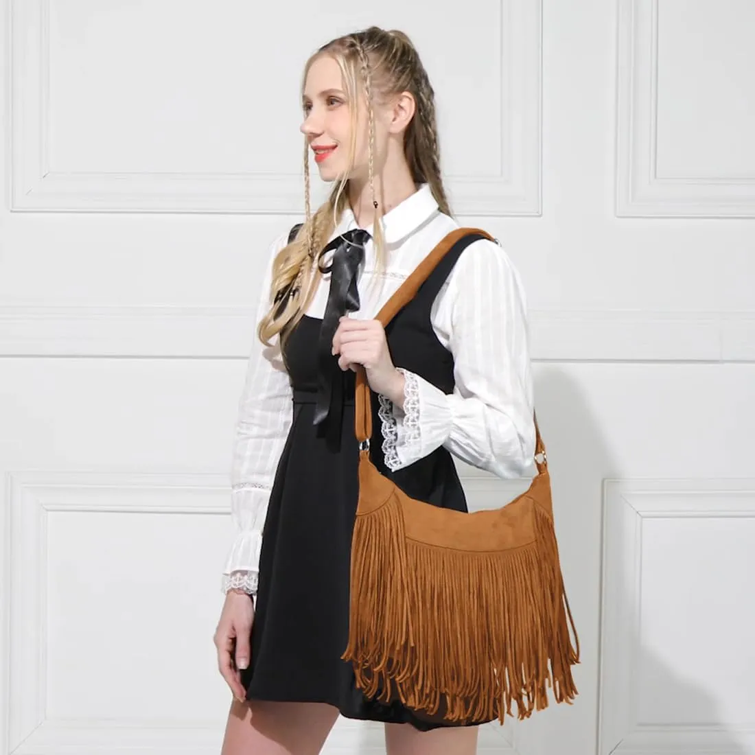 Women Fringe Hobo Bag Western Purse Shoulder Bag Vegan Suede Tassel Hippie Crossbody Bag (Brown Strap)