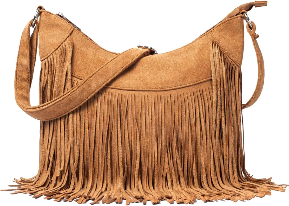 Women Fringe Hobo Bag Western Purse Shoulder Bag Vegan Suede Tassel Hippie Crossbody Bag (Brown Strap)