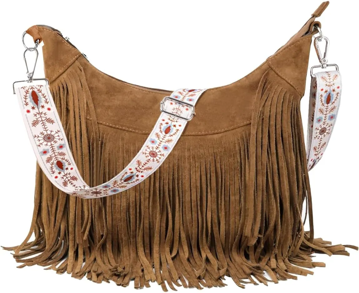 Women Fringe Hobo Bag Western Purse Shoulder Bag Vegan Suede Tassel Hippie Crossbody Bag (Brown Strap)
