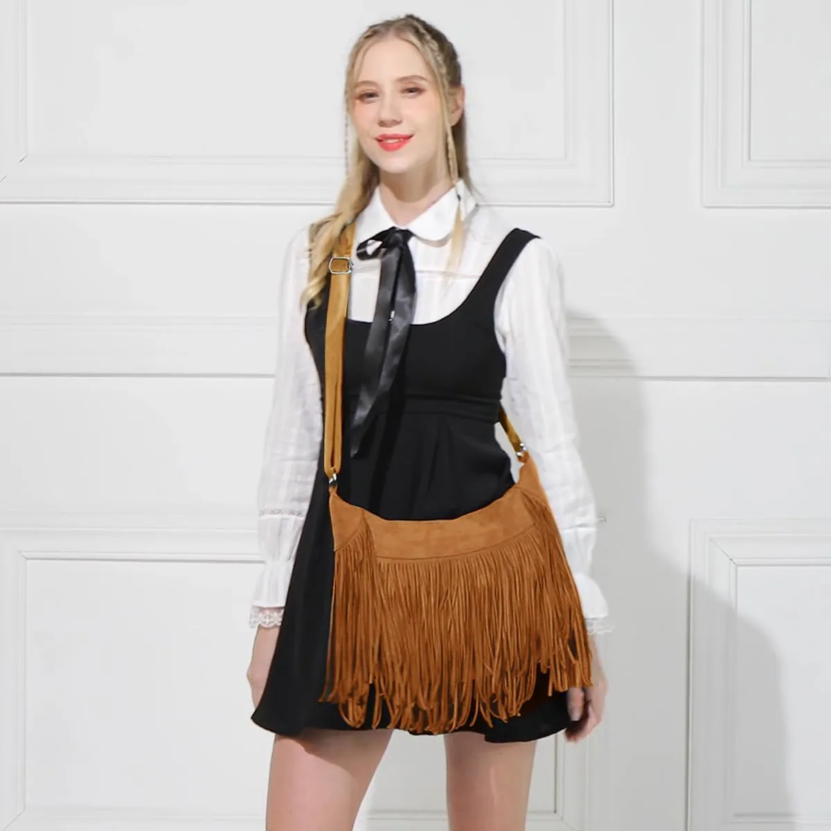 Women Fringe Hobo Bag Western Purse Shoulder Bag Vegan Suede Tassel Hippie Crossbody Bag (Brown Strap)