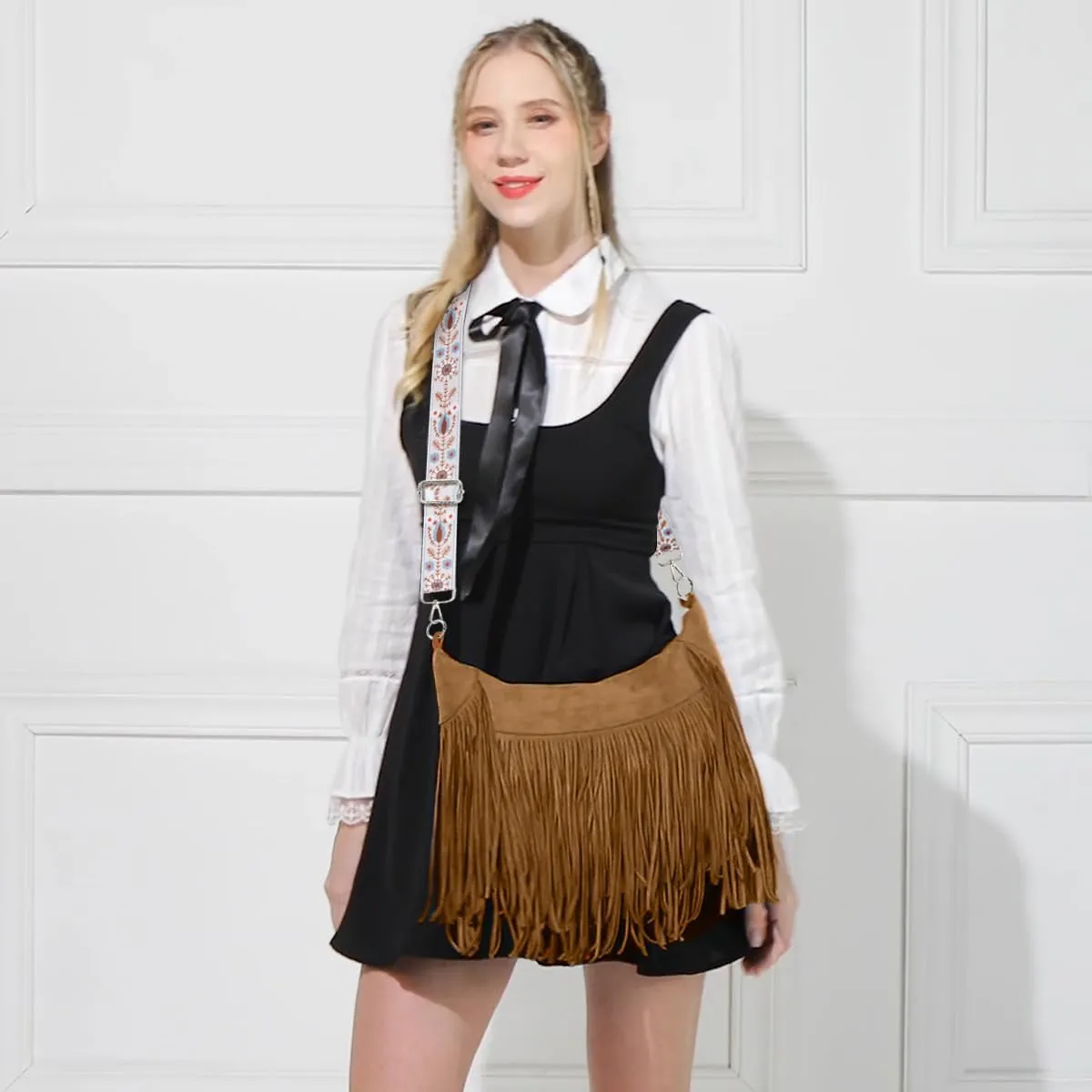 Women Fringe Hobo Bag Western Purse Shoulder Bag Vegan Suede Tassel Hippie Crossbody Bag (Brown Strap)