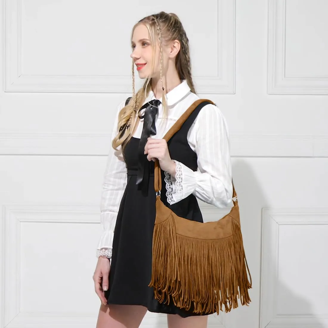 Women Fringe Hobo Bag Western Purse Shoulder Bag Vegan Suede Tassel Hippie Crossbody Bag (Brown Strap)