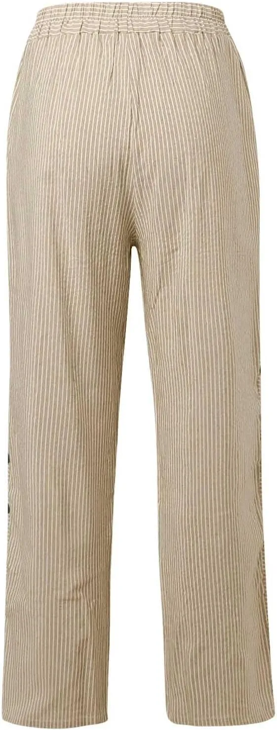 Women Striped Linen Pants Casual High Waisted Wide Leg Cropped Pants Summer Beach Gauze Capri Pant with Pockets