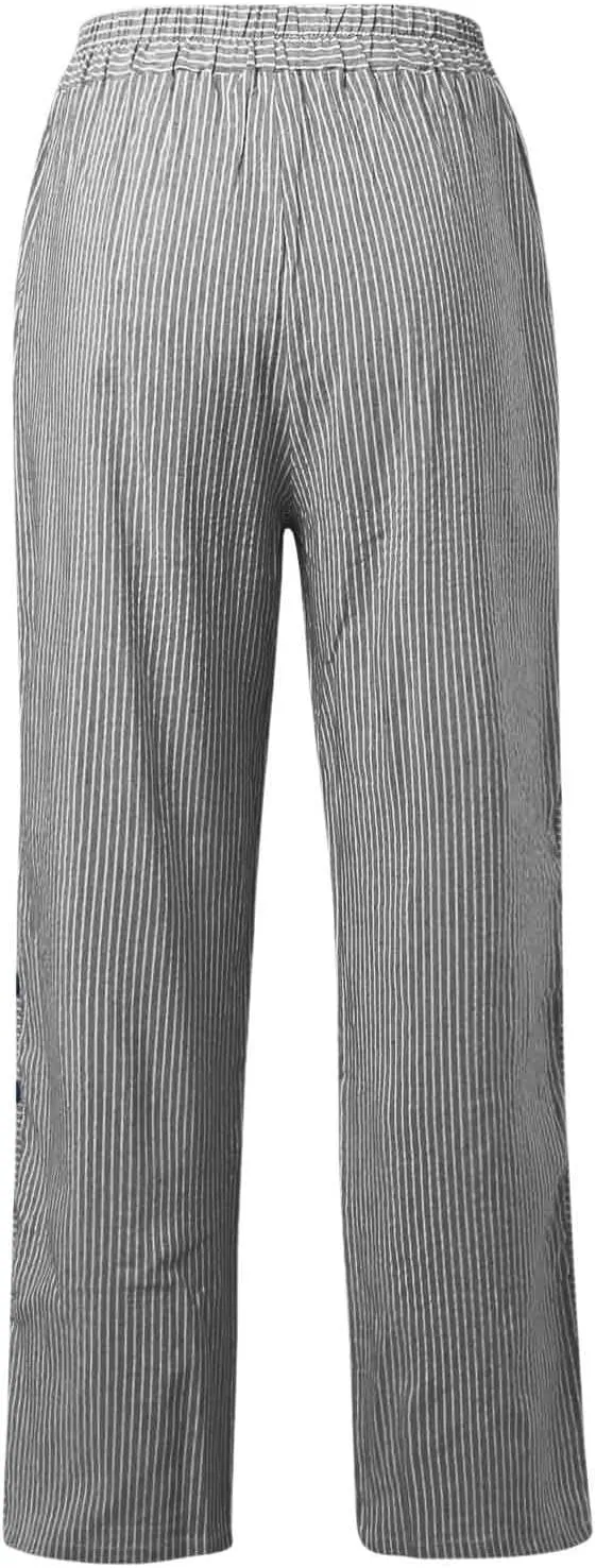 Women Striped Linen Pants Casual High Waisted Wide Leg Cropped Pants Summer Beach Gauze Capri Pant with Pockets