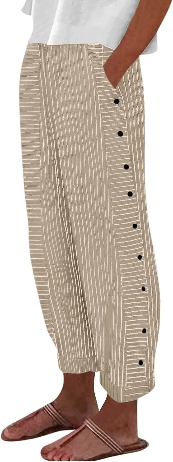 Women Striped Linen Pants Casual High Waisted Wide Leg Cropped Pants Summer Beach Gauze Capri Pant with Pockets