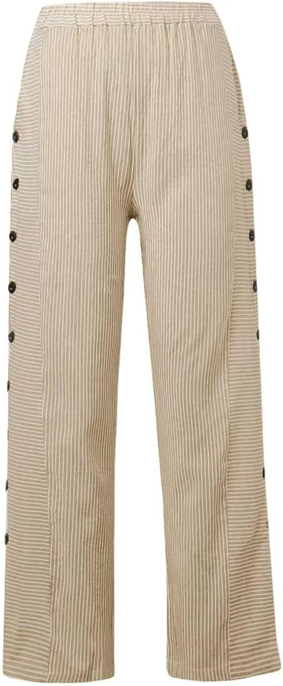 Women Striped Linen Pants Casual High Waisted Wide Leg Cropped Pants Summer Beach Gauze Capri Pant with Pockets