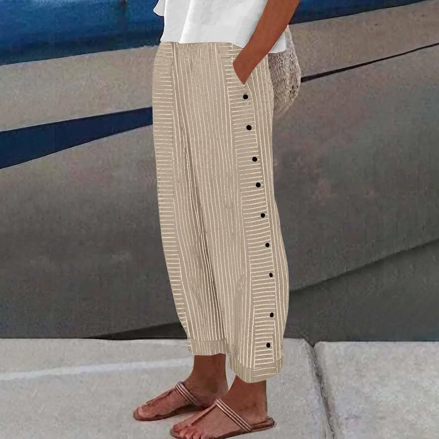 Women Striped Linen Pants Casual High Waisted Wide Leg Cropped Pants Summer Beach Gauze Capri Pant with Pockets