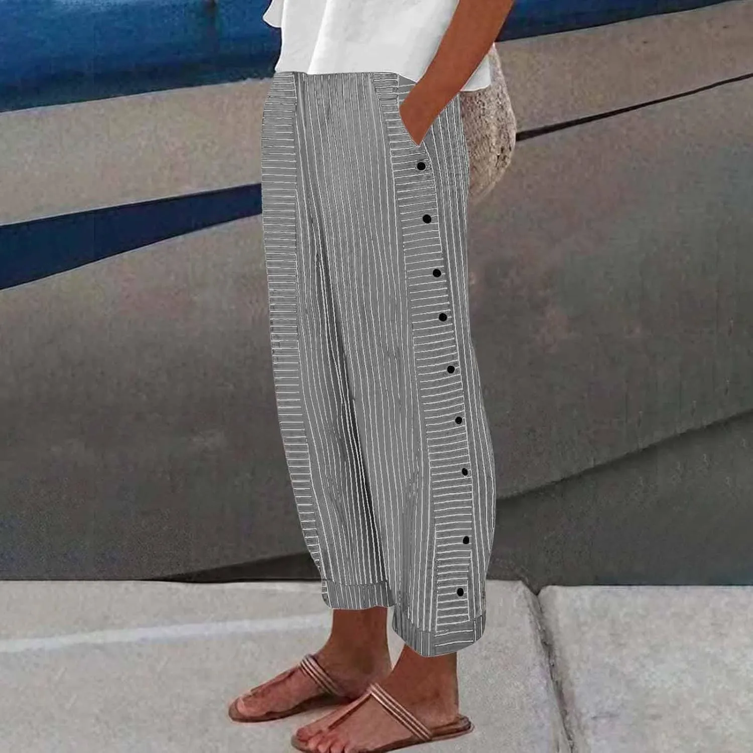 Women Striped Linen Pants Casual High Waisted Wide Leg Cropped Pants Summer Beach Gauze Capri Pant with Pockets