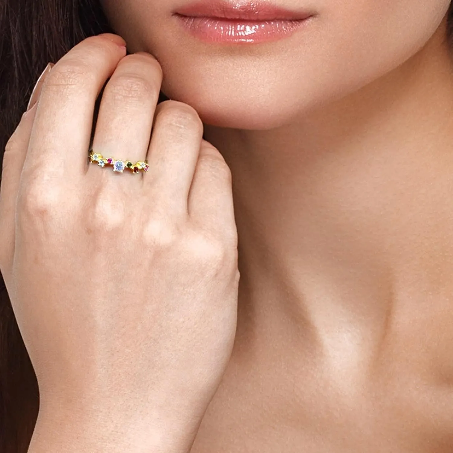 Women Wedding Band Wedding Ring Yellow Gold 9K Au375/Au585 Size Colorful Round-Shape Cubic Zirconia Stackable Wedding