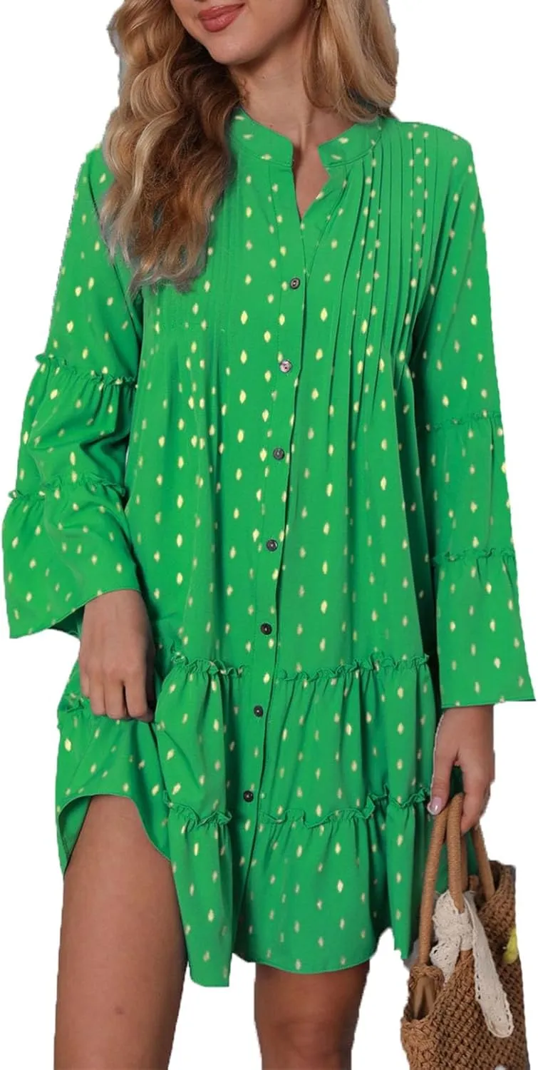 Womens Bell Sleeve Ruffle Tiered Mini Babydoll Dress V Neck Button Down Loose Swing Flowy Tunic Mini Dress