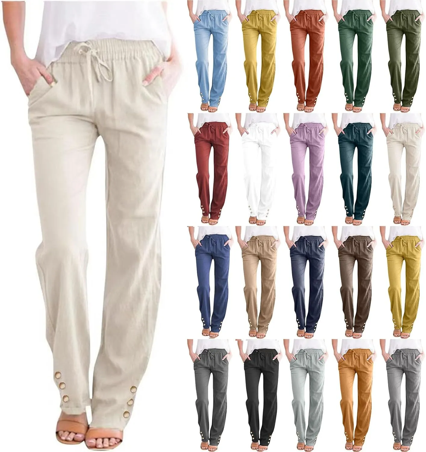 Womens Casual Cotton Linen Pants Lightweight Summer Relax Elastic Waist Plus Size Lounge Long Trousers with Pocket