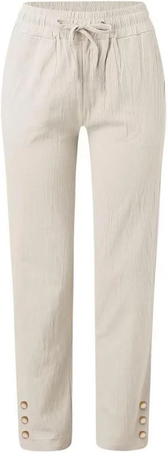 Womens Casual Cotton Linen Pants Lightweight Summer Relax Elastic Waist Plus Size Lounge Long Trousers with Pocket
