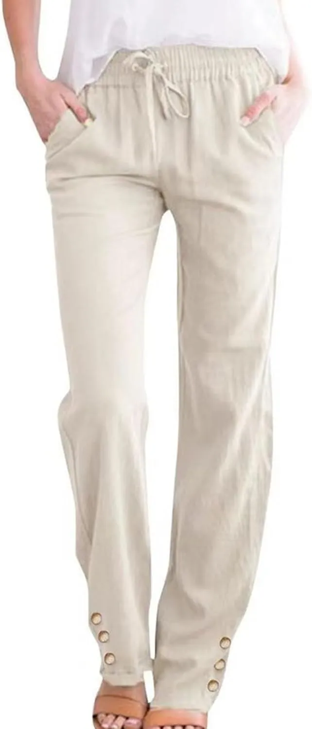 Womens Casual Cotton Linen Pants Lightweight Summer Relax Elastic Waist Plus Size Lounge Long Trousers with Pocket