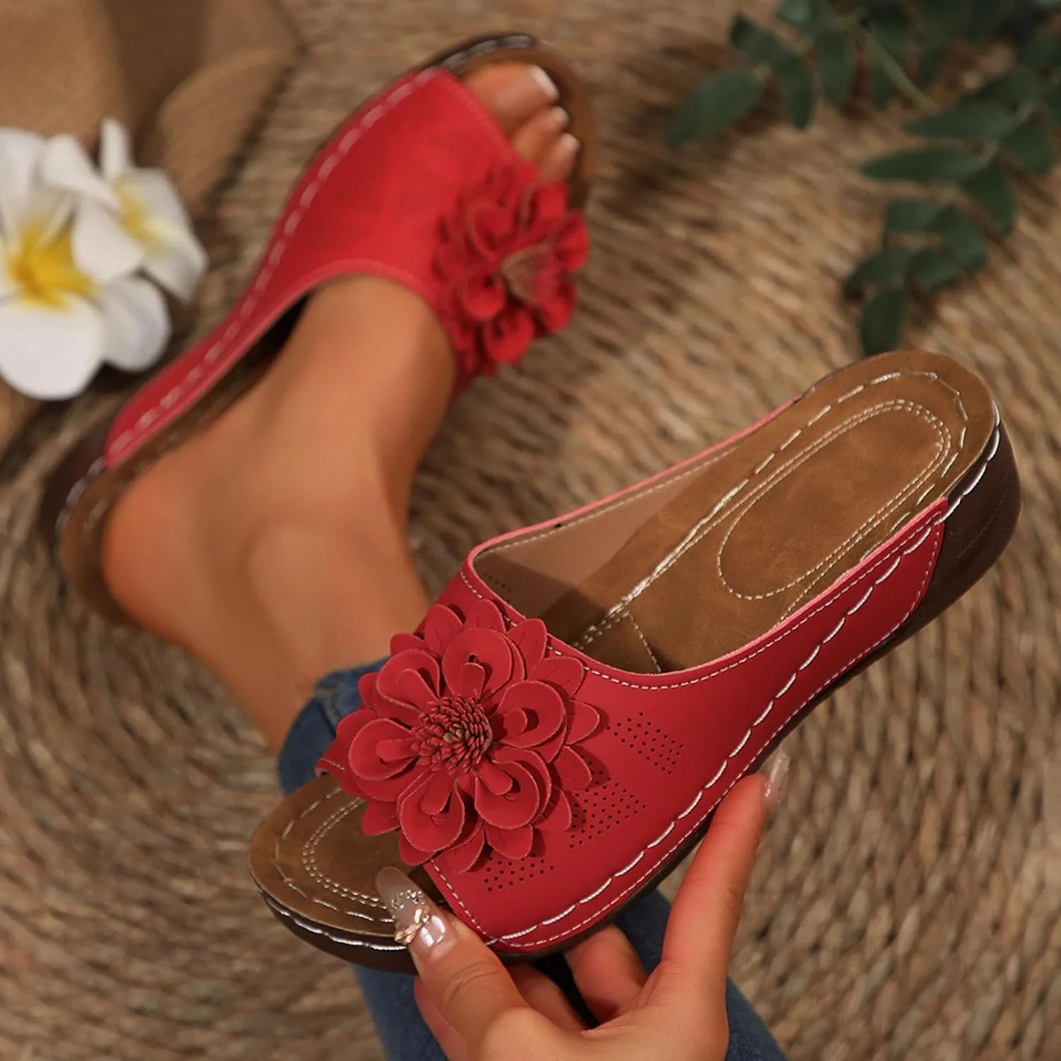 Womens Comfort Sandals 3D Boho Floral Fashion Comfortable Shoes Plus Size Casual Slip on Sandal with Arch Support