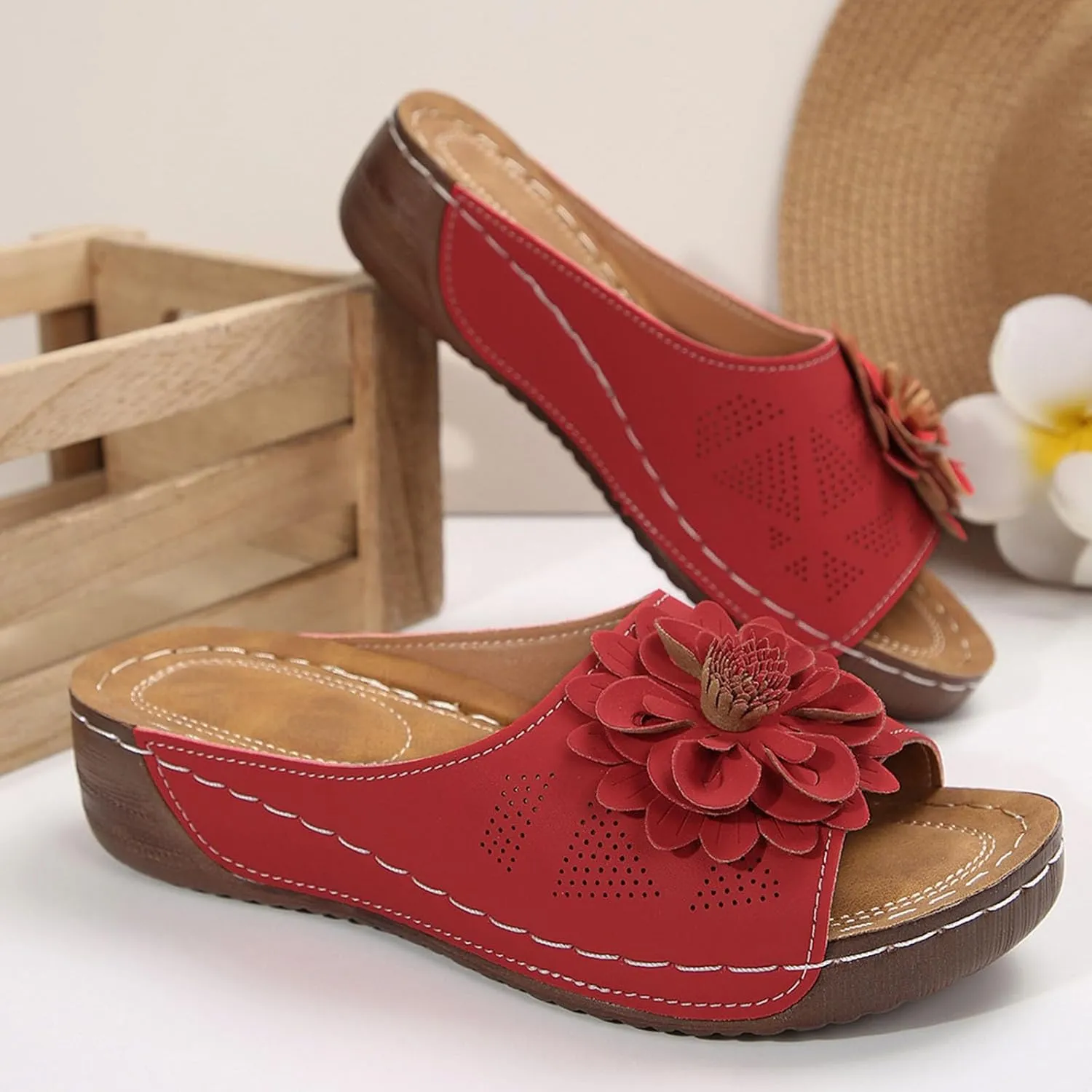 Womens Comfort Sandals 3D Boho Floral Fashion Comfortable Shoes Plus Size Casual Slip on Sandal with Arch Support