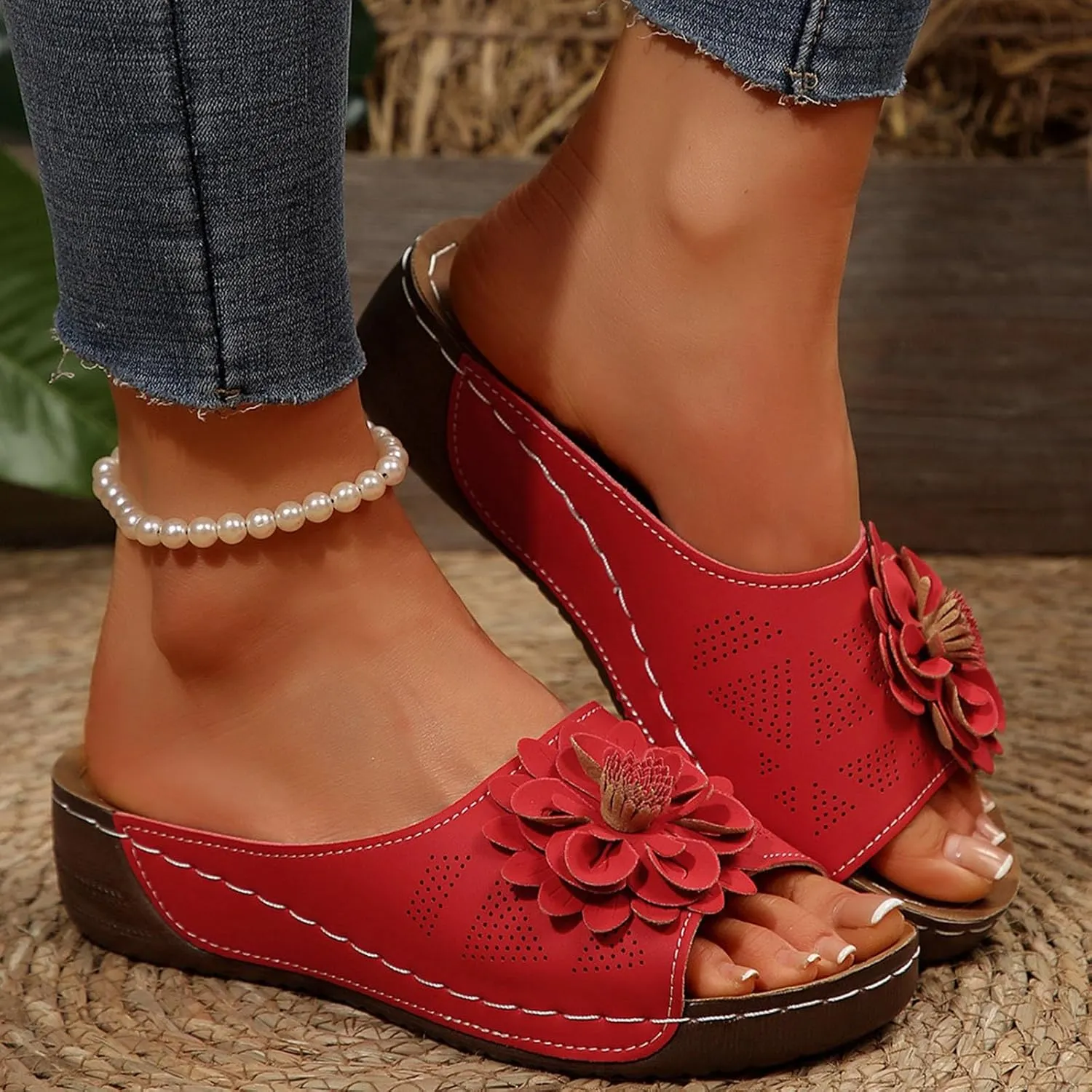 Womens Comfort Sandals 3D Boho Floral Fashion Comfortable Shoes Plus Size Casual Slip on Sandal with Arch Support