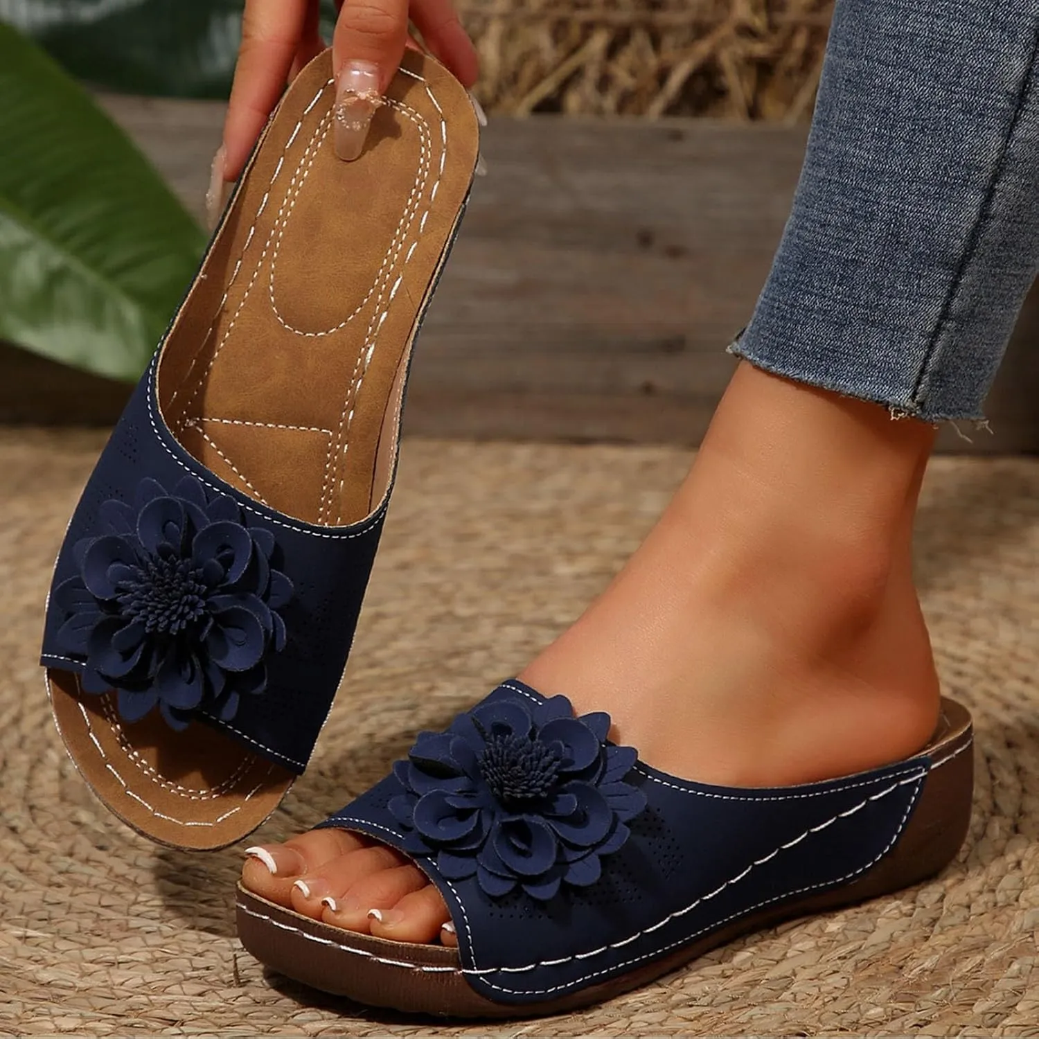 Womens Comfort Sandals 3D Boho Floral Fashion Comfortable Shoes Plus Size Casual Slip on Sandal with Arch Support