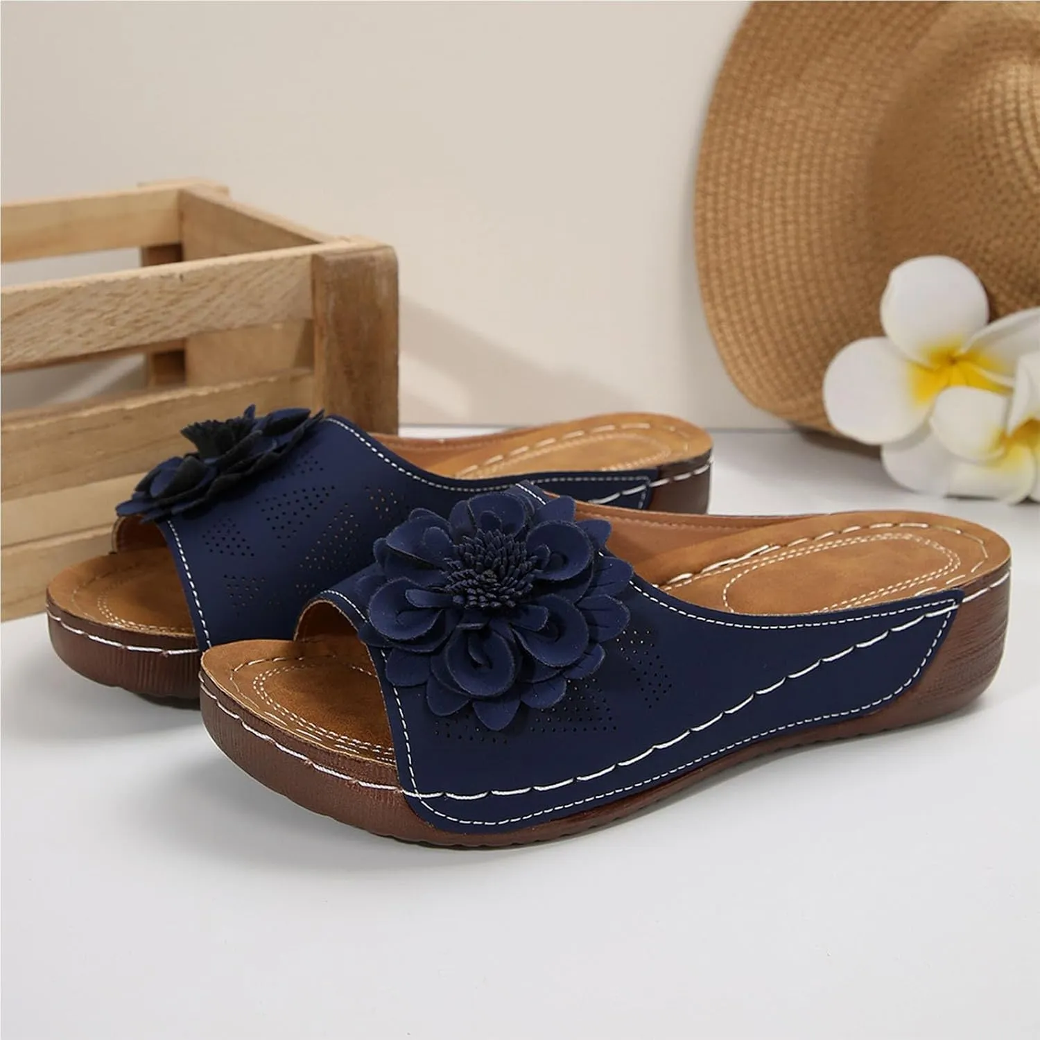 Womens Comfort Sandals 3D Boho Floral Fashion Comfortable Shoes Plus Size Casual Slip on Sandal with Arch Support