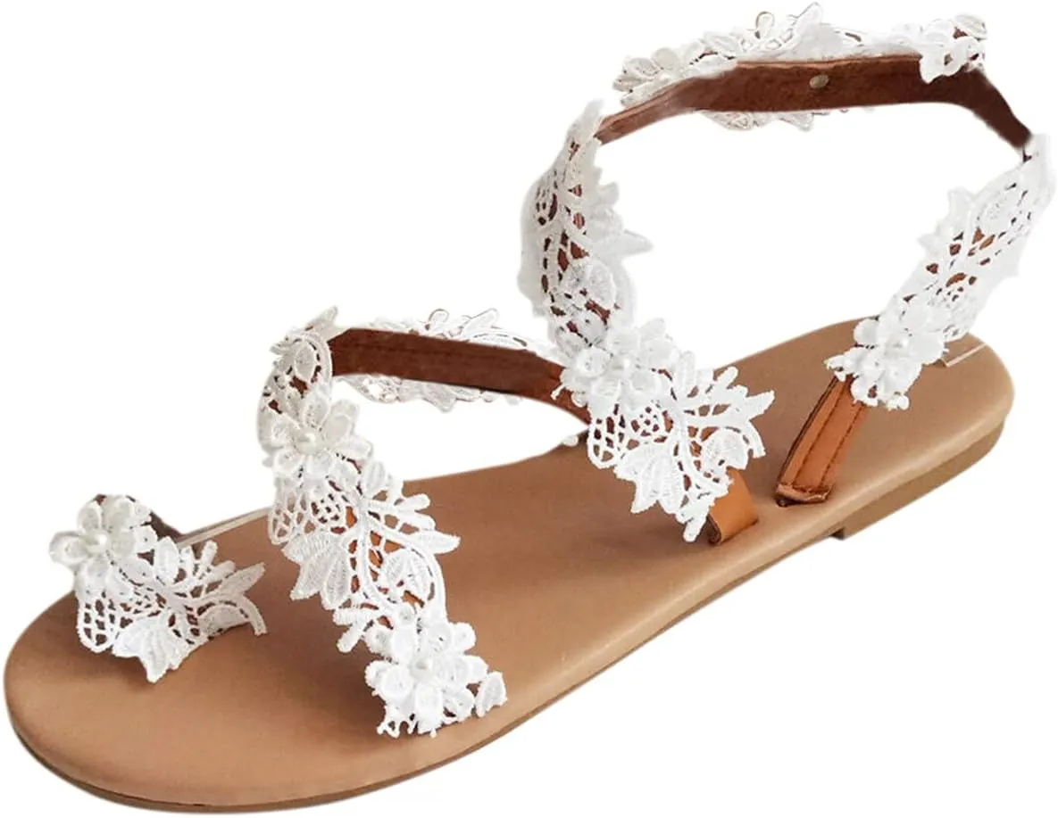 Women's Comfortable Vacation Sandals Ankle Elastic Jeweled Bohemian Flats Comfortable Walking Flat Sandals