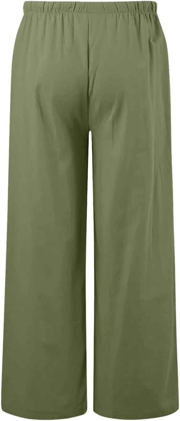 Womens Cotton Linen Palazzo Pants Casual Summer Beach Flowy Drawstring Elastic Waist Wide Leg Trousers with Pockets
