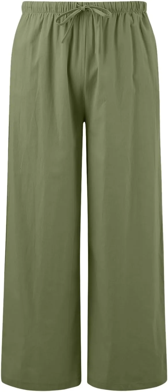 Womens Cotton Linen Palazzo Pants Casual Summer Beach Flowy Drawstring Elastic Waist Wide Leg Trousers with Pockets