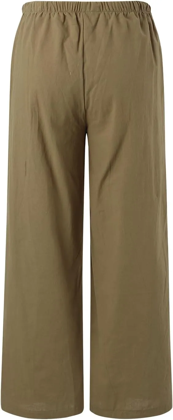 Womens Cotton Linen Wide Leg Palazzo Pants Drawstring Elastic Waisted Casual Summer Beach Flowy Trousers with Pockets