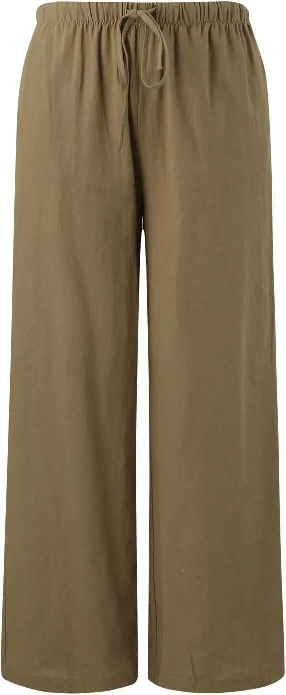 Womens Cotton Linen Wide Leg Palazzo Pants Drawstring Elastic Waisted Casual Summer Beach Flowy Trousers with Pockets