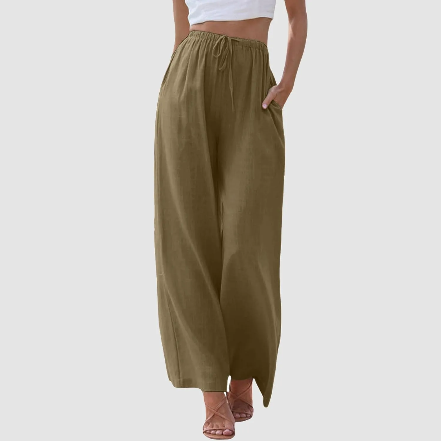Womens Cotton Linen Wide Leg Palazzo Pants Drawstring Elastic Waisted Casual Summer Beach Flowy Trousers with Pockets