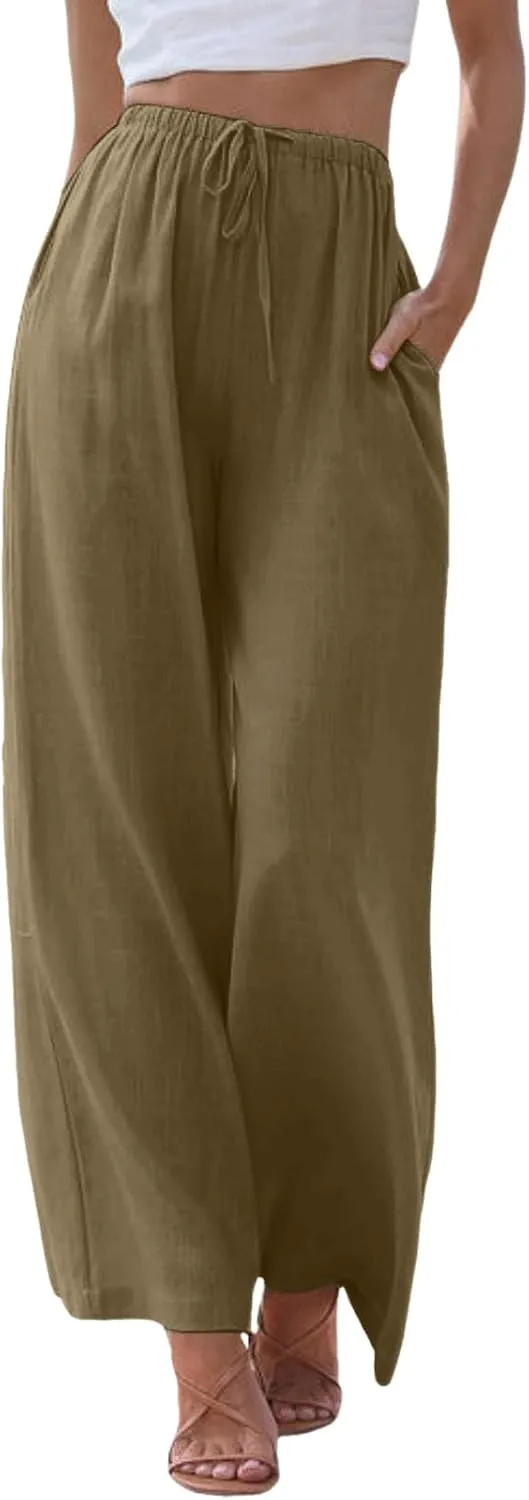 Womens Cotton Linen Wide Leg Palazzo Pants Drawstring Elastic Waisted Casual Summer Beach Flowy Trousers with Pockets
