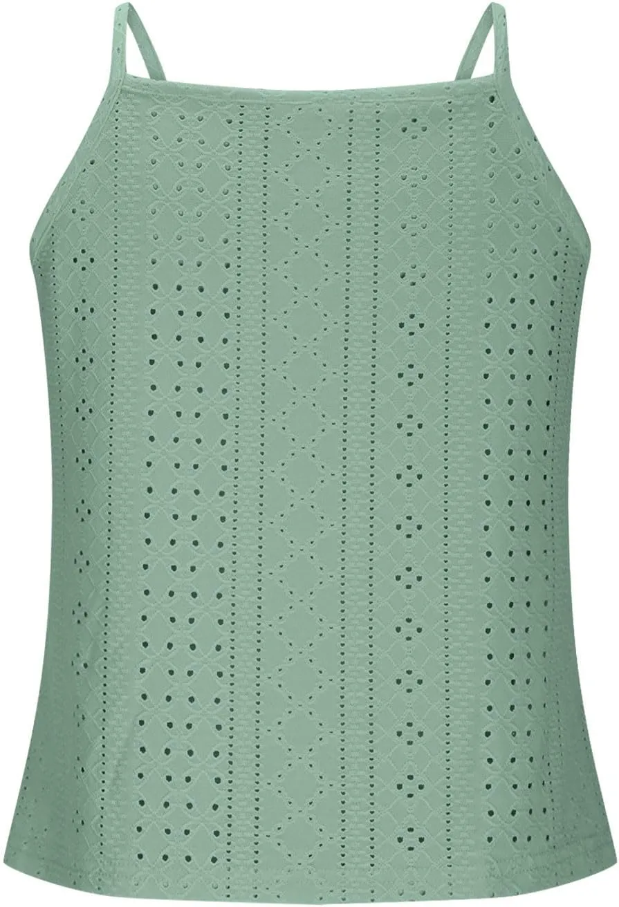 Womens Eyelet Tank Top Camisole Dressy Casual Lace Crochet Cami Tops Halter Spaghetti Strap Sleeveless Shirts