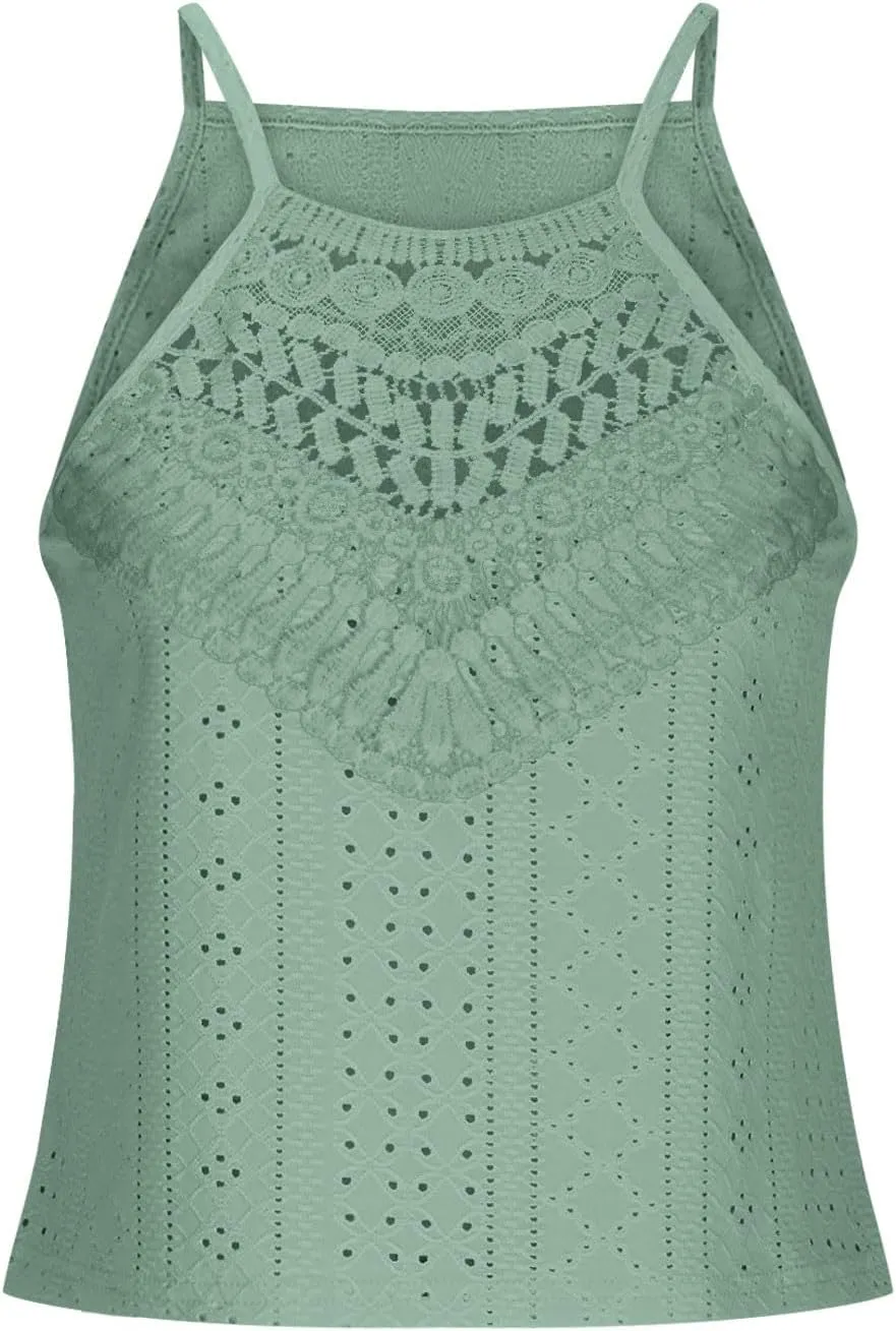 Womens Eyelet Tank Top Camisole Dressy Casual Lace Crochet Cami Tops Halter Spaghetti Strap Sleeveless Shirts