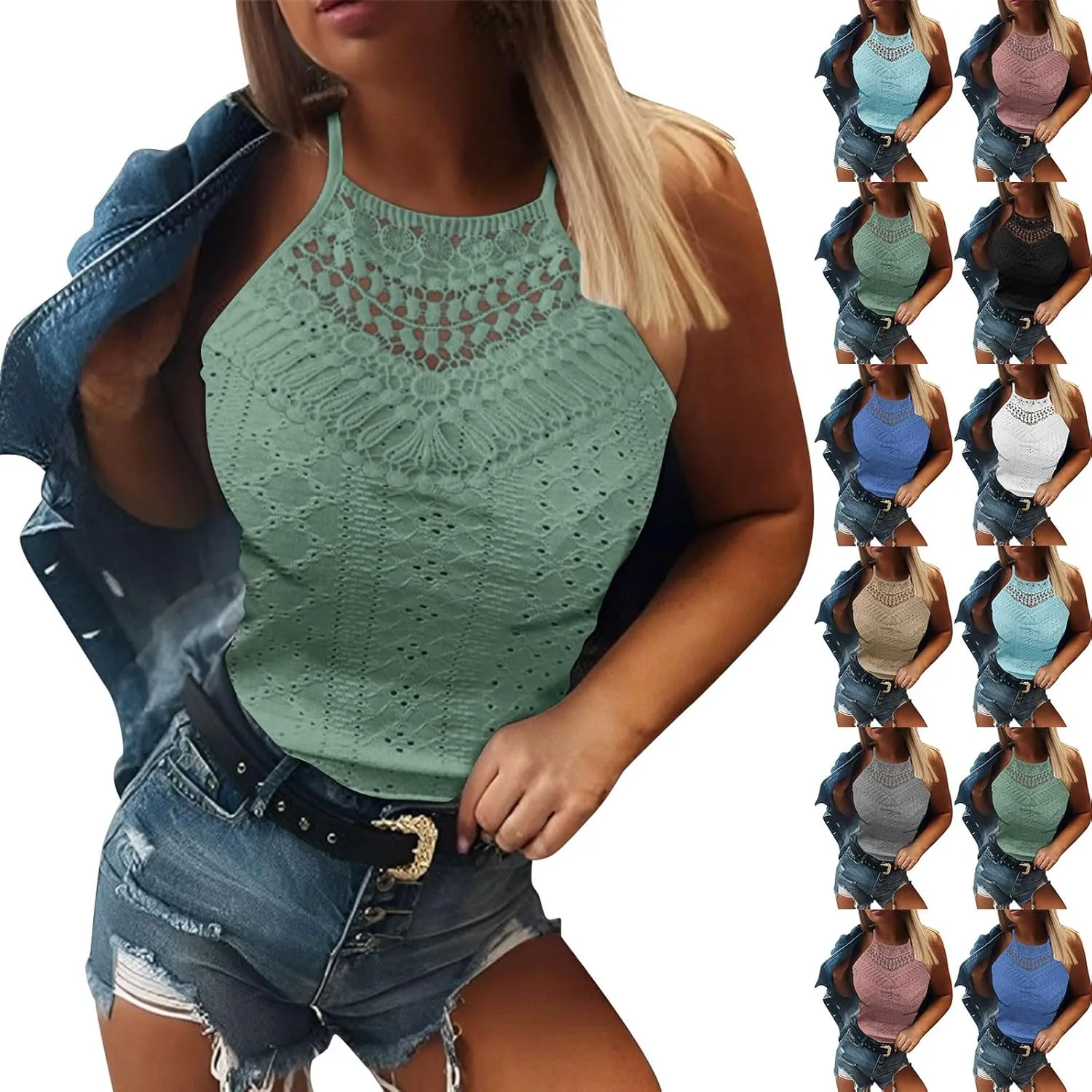 Womens Eyelet Tank Top Camisole Dressy Casual Lace Crochet Cami Tops Halter Spaghetti Strap Sleeveless Shirts