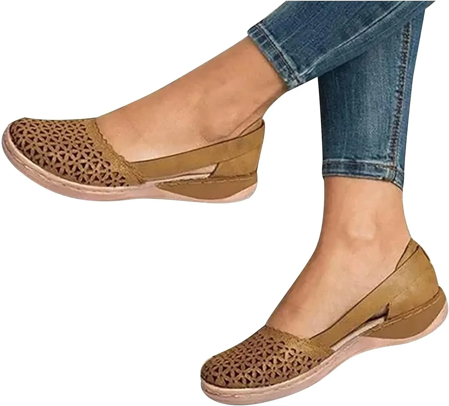 Womens Hollow Ballet Flats Round Toe Slip On Shoes Light Weight Comfort Sandals Retro Low Heels Shoe Vintage Leather Sandal Casual Walking Mary Janes Shoes with Breathable Eyelets