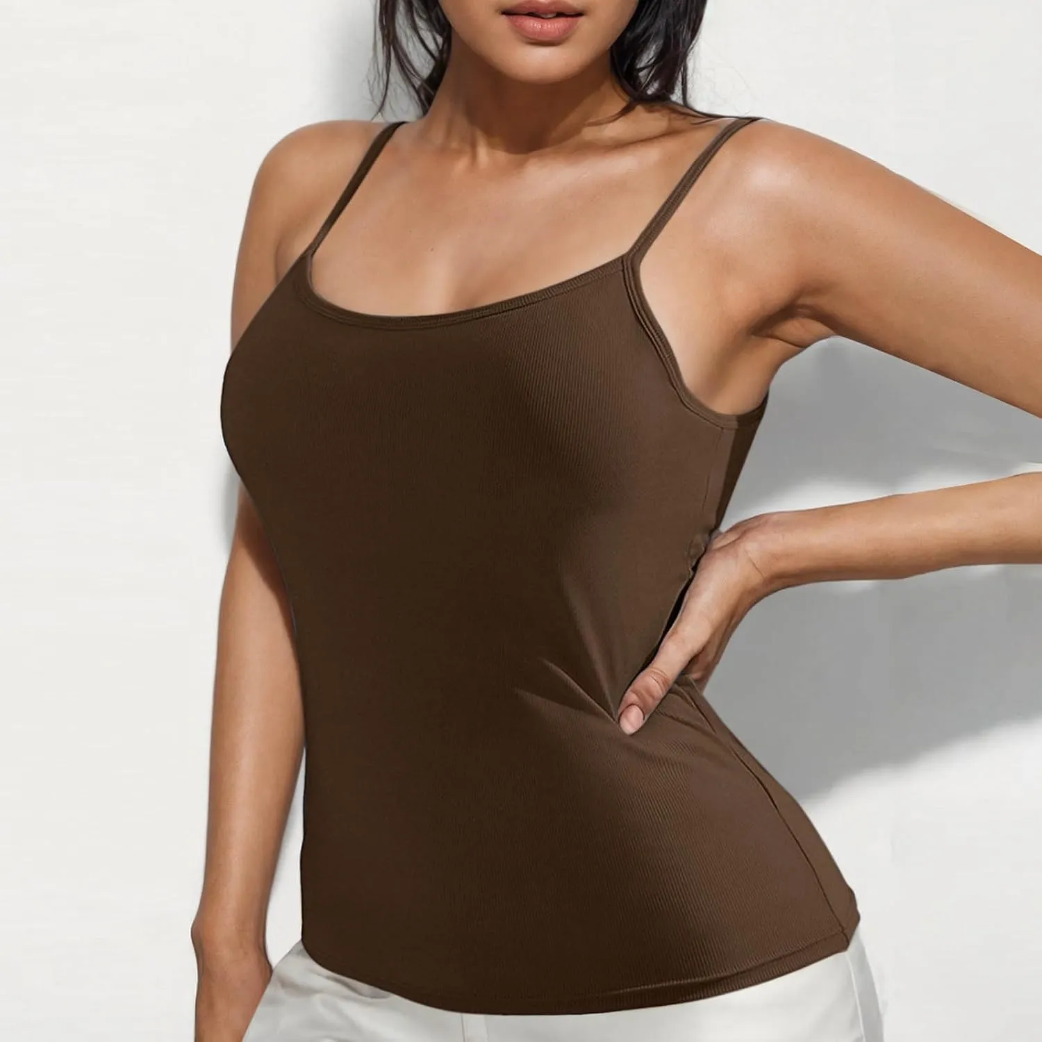 Women's Knit Tank Tops Sleeveless V-Neck Ribbed Shirts Fitted Crop Top Tees Ribbed Knit Camisole with Built-in Shelf Bra
