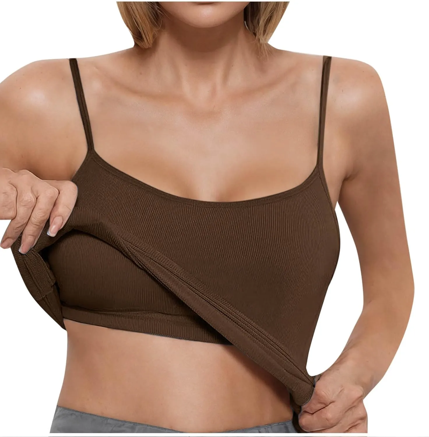Women's Knit Tank Tops Sleeveless V-Neck Ribbed Shirts Fitted Crop Top Tees Ribbed Knit Camisole with Built-in Shelf Bra