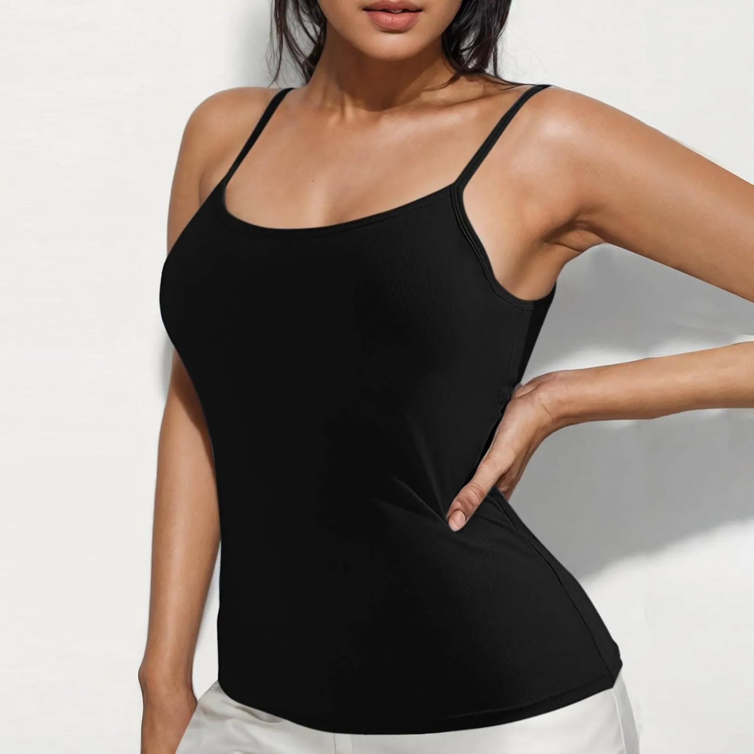 Women's Knit Tank Tops Sleeveless V-Neck Ribbed Shirts Fitted Crop Top Tees Ribbed Knit Camisole with Built-in Shelf Bra