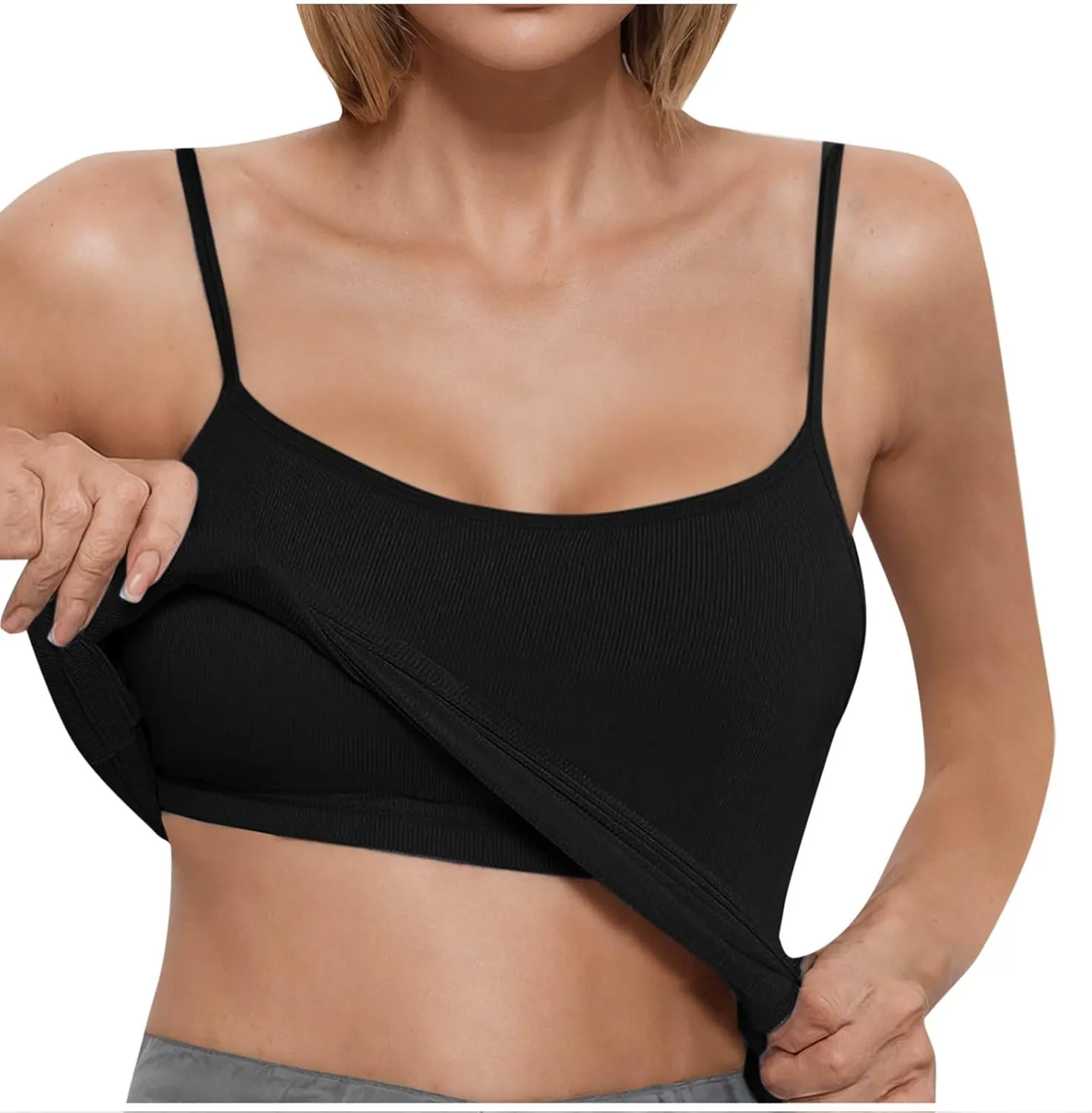 Women's Knit Tank Tops Sleeveless V-Neck Ribbed Shirts Fitted Crop Top Tees Ribbed Knit Camisole with Built-in Shelf Bra