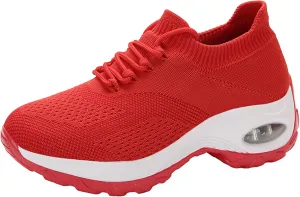 Women's Knitted Platform Air Cushion Walking Shoe Round Toe Lace-Up Comfortable Breathable Mesh Sneakers