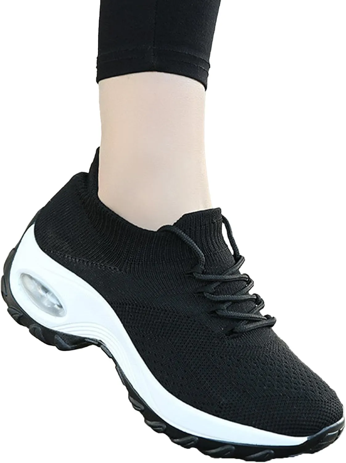 Women's Knitted Platform Air Cushion Walking Shoe Round Toe Lace-Up Comfortable Breathable Mesh Sneakers