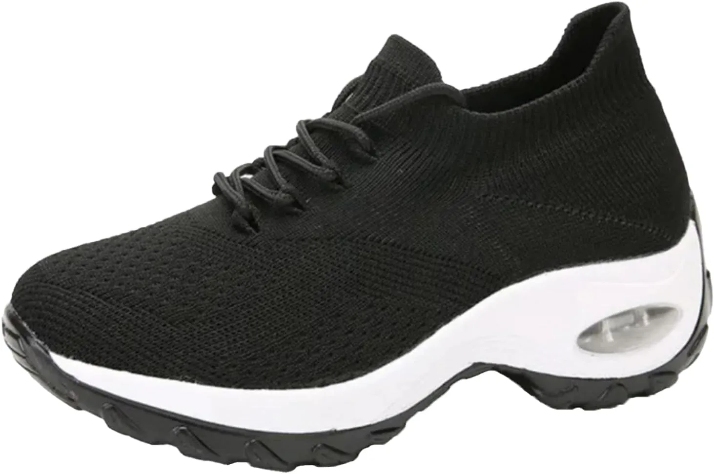 Women's Knitted Platform Air Cushion Walking Shoe Round Toe Lace-Up Comfortable Breathable Mesh Sneakers