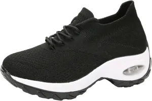 Women's Knitted Platform Air Cushion Walking Shoe Round Toe Lace-Up Comfortable Breathable Mesh Sneakers