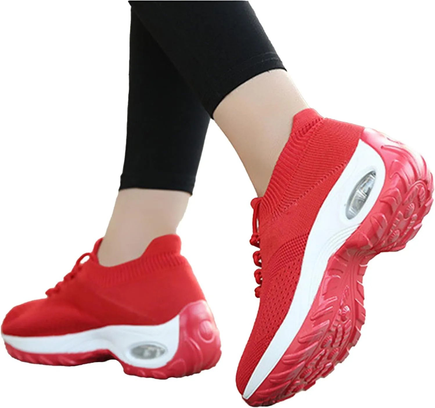 Women's Knitted Platform Air Cushion Walking Shoe Round Toe Lace-Up Comfortable Breathable Mesh Sneakers