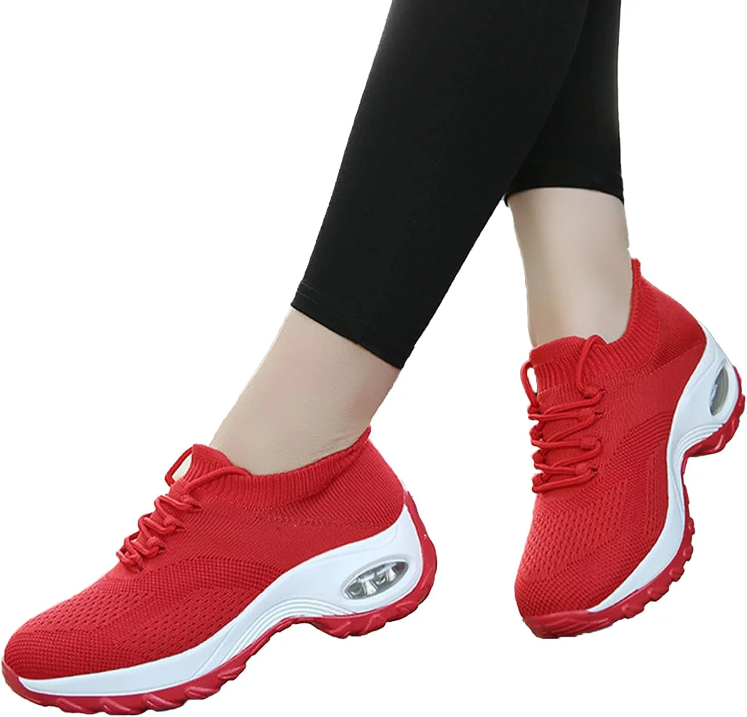 Women's Knitted Platform Air Cushion Walking Shoe Round Toe Lace-Up Comfortable Breathable Mesh Sneakers