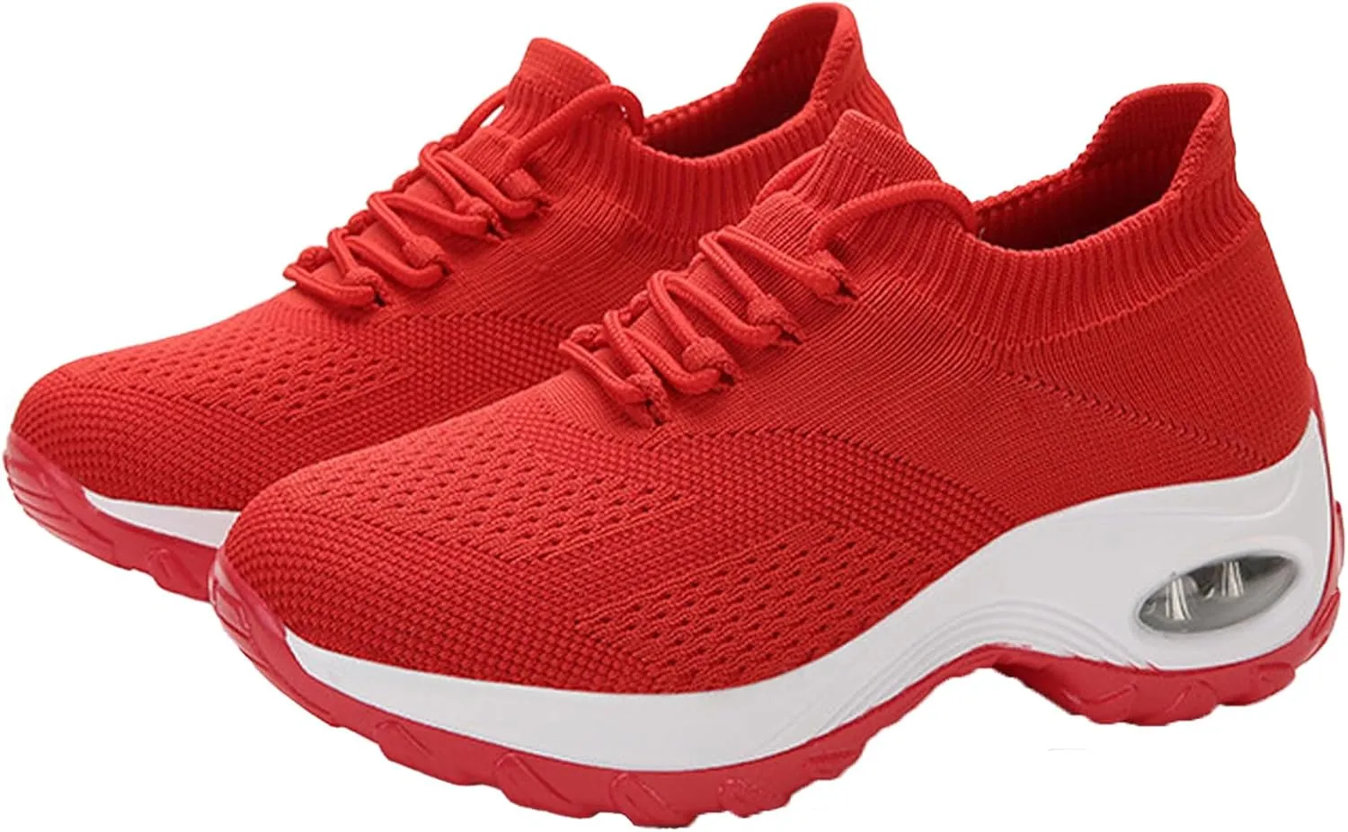 Women's Knitted Platform Air Cushion Walking Shoe Round Toe Lace-Up Comfortable Breathable Mesh Sneakers